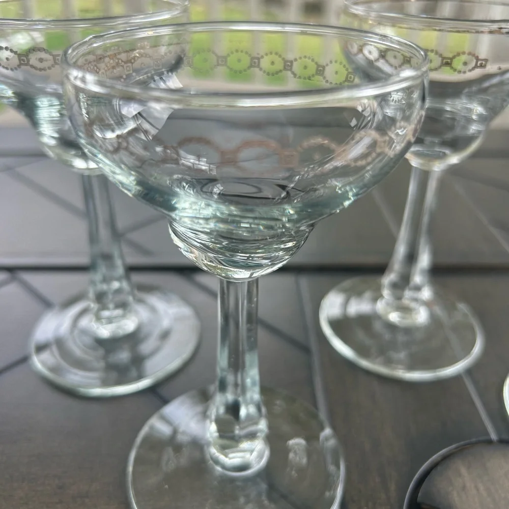 Vintage Heavy Crystal Champagne glass set of 5, gold Geo design, MCM, Cordials